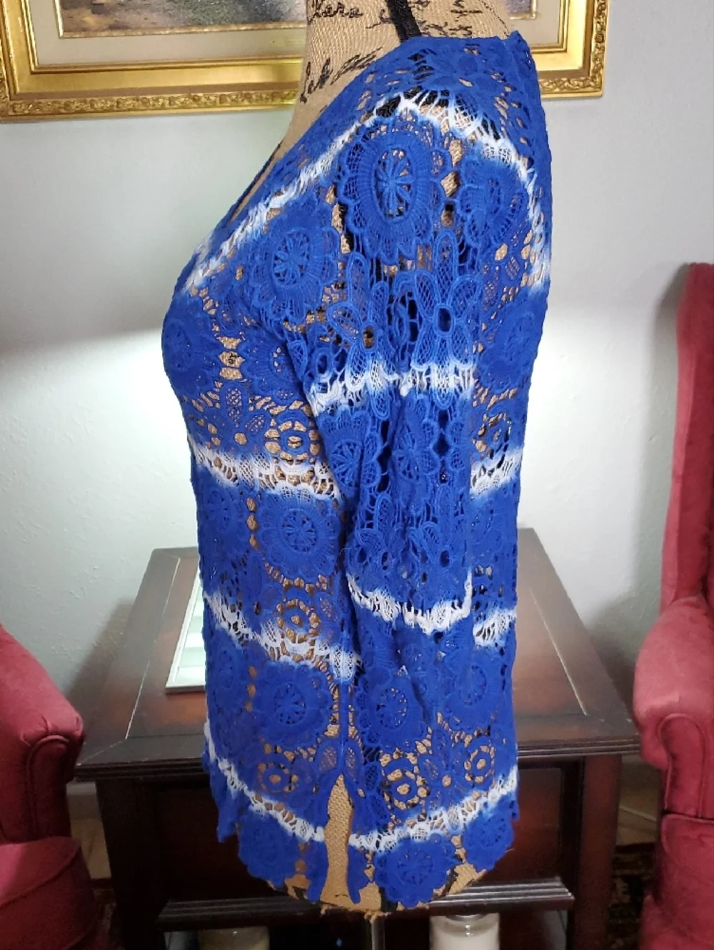 INC International Concepts Cobalt Blue Crochet Lace Tunic with White Accents